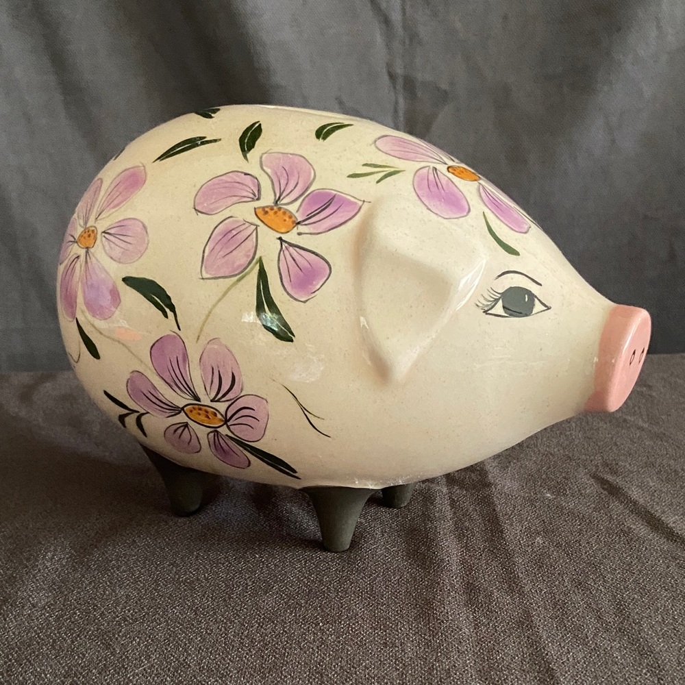 Vintage Ceramic Floral Pig Figurine in Cream with Pink Flowers